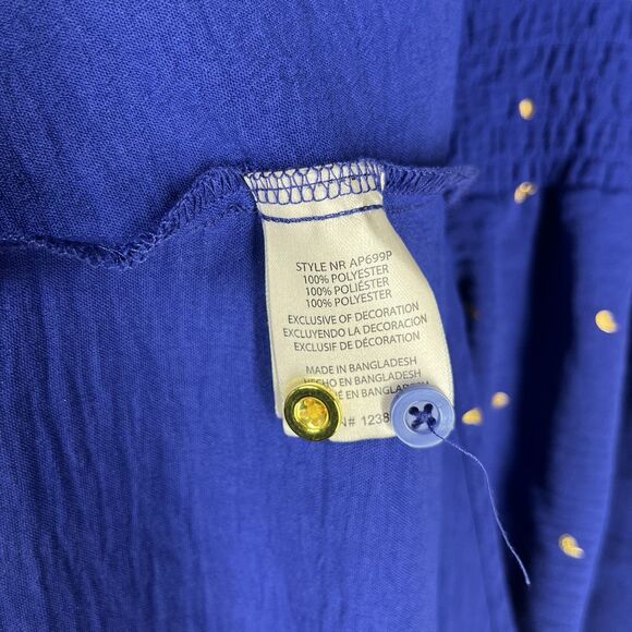 Alex & Parker Women 1X Blue Maxi Midi Dress Gold Print Stretch Button Boho Chic - Picture 8 of 9